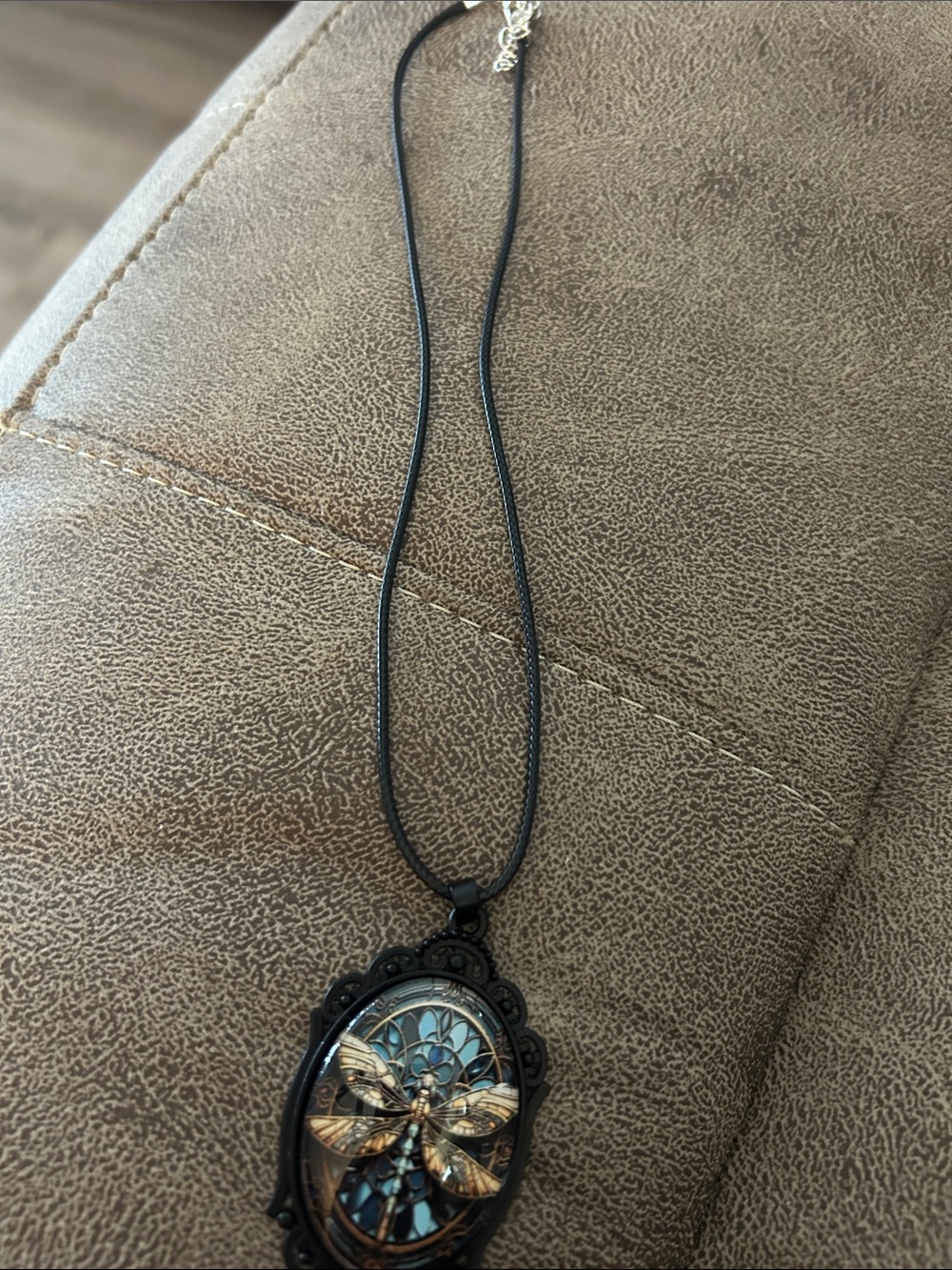 Black Dragonfly Pendant Necklace with Blue Inlay